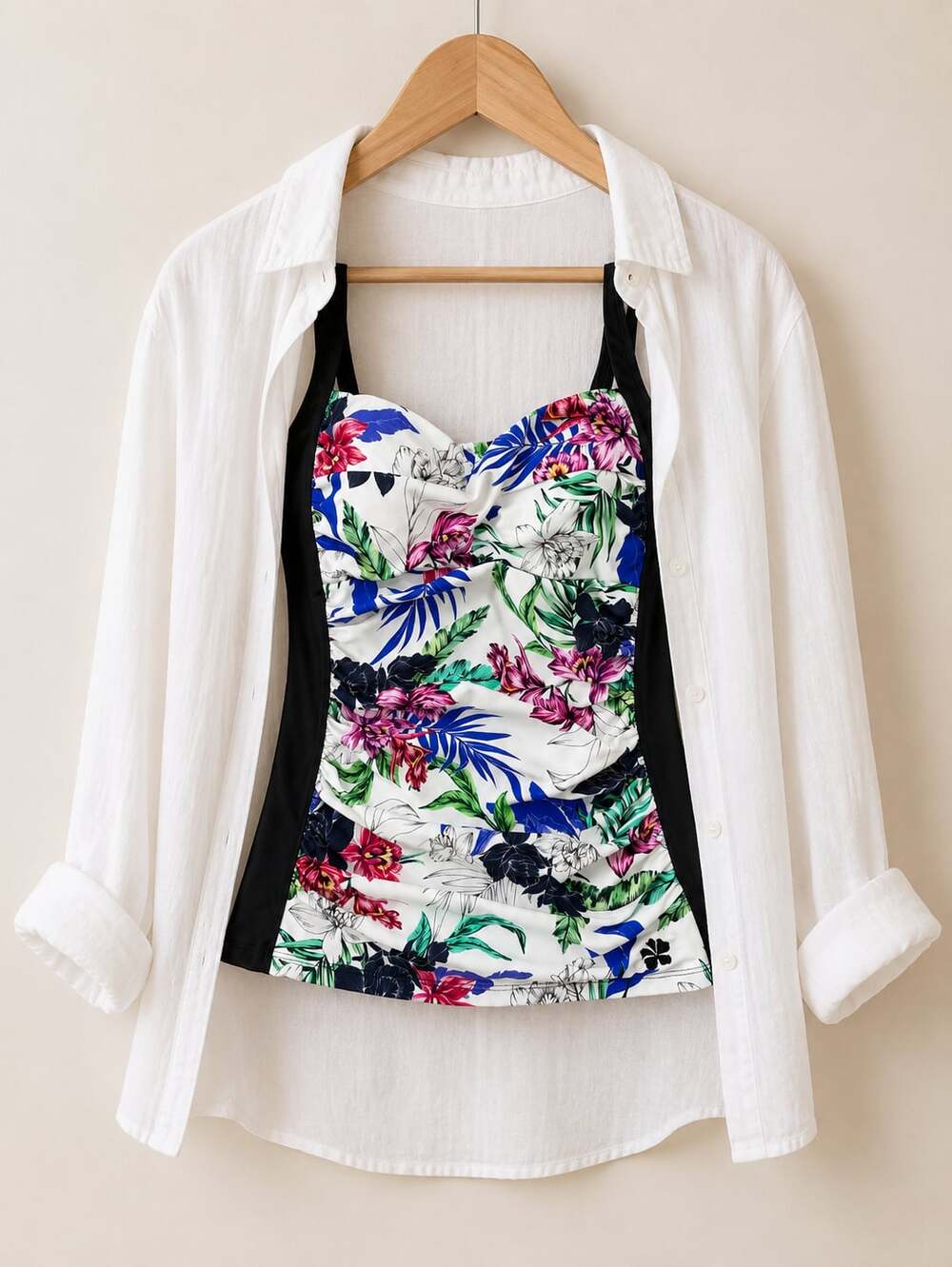 Hapari Floral Ruched Tankini Swim Top Black Tropical Print Women’s XL 16
